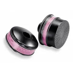 NIOSH-rated HEPA particulate filter for MSA OptimAir MM2K Series PAPR. Magenta color coding indicates HEPA classification. Pack of 6 filters for use in industrial environments requiring high-efficiency particulate filtration.