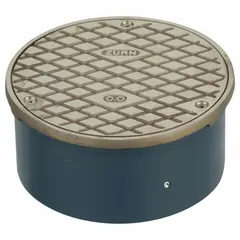 Cast iron cleanout housing with nickel finish for floor-level access to drain or waste piping. Includes adjusting screws. Overall height 2 7/8 in. Suitable for commercial and industrial plumbing applications requiring corrosion resistance.