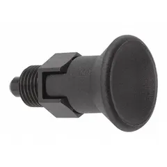This locking indexing plunger features a short pin with a pull-knob for manual operation. Constructed from steel, it has a 3/4"-10 thread and a nose force range of 15 N to 32 N. It is used for precise positioning and locking of machine components such as rotary tables, fixtures, and sliding mechanisms in industrial automation and assembly operations.