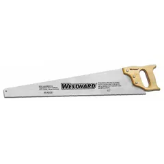 This carpenter's saw features a 15-inch steel blade with 9 teeth per inch and an overall length of 18 inches. It is designed for cutting wood, making it suitable for general woodworking, framing, and trim work.