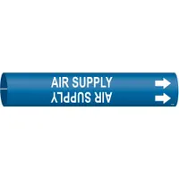Blue snap-on pipe marker with white 'Air Supply' legend and directional arrows. Fits pipe outer diameters from 2-1/2 to 3-7/8 inches. Supplied as a single marker for identifying compressed air supply lines in industrial piping systems