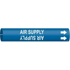 Blue snap-on pipe marker with white 'Air Supply' legend and directional arrows. Fits pipe outer diameters from 2-1/2 to 3-7/8 inches. Supplied as a single marker for identifying compressed air supply lines in industrial piping systems.
