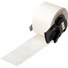 Vinyl precut label roll, black on white, measuring 1 in x 3/4 in. Designed for wire gauges from 10 AWG to 4 AWG. Compatible with M610 printer series; requires M7-R6200 ribbon for thermal transfer printing. Used for permanent identification of wires and cables in industrial panel building, electrical maintenance, and OEM wire marking.