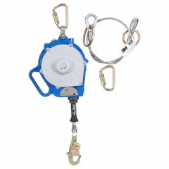 Class 1 SRL with 50 ft stainless steel lifeline in a sealed housing. Features a carabiner for overhead-only anchoring and a harness swivel snap hook. Suitable for fall arrest and rescue applications where protection from debris and moisture is required.