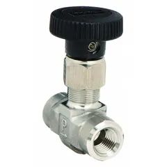 This Parker V Series needle valve features a 316 stainless steel straight-body design with integral bonnet and regulating stem. It has 1/4 in NPT female connections on both ends and is suitable for precise flow control of oil in hydraulic and lubrication systems. Meets ISA S75.02 standards.