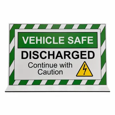 ZING Safety Sign: Plastic, Free Standing Sign Mounting, 6 1/2 in x 11 in Nominal Sign Size - Vehicle Safe: Discharged / Continue With Caution Electric Vehicle Signs