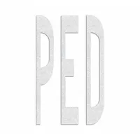 White preformed thermoplastic pavement marking with 'Ped' legend, measuring 8 ft long by 4 1/2 ft wide. Applied using a hand torch for adhesion. Used to designate pedestrian crossing areas on roadways and parking lots