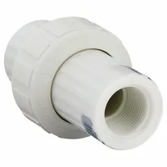 This inline diaphragm check valve features a polypropylene body and FKM diaphragm, designed to prevent backflow in piping systems. Connections are 1-inch FNPT x Socket female NPT. Suitable for use in corrosive fluid handling applications where reliable sealing is required.