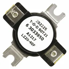 OEM high limit thermostat for Whirlpool washing machines and dryers. Monitors internal temperature and interrupts the circuit if heat exceeds safe limits, providing overheat protection.