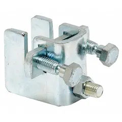 Steel bar joist sway brace attachment with plain finish. Used to secure seismic bracing to bar joist structures, resisting lateral forces during earthquakes. Dimensions: 2-1/2 in height, 2-23/32 in length, 1-3/4 in width.