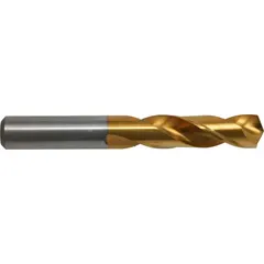 General purpose screw-machine length drill bit with TiN-coated cobalt construction for extended tool life. 135° split point reduces walking and improves penetration. 0.2969" diameter. Suitable for drilling in tough materials such as stainless steel and alloy steels in automated machining centers.