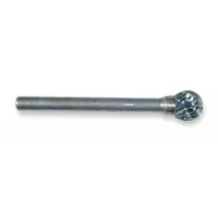 This double-cut ball bur features a 1/4" head and 1/8" shank, designed for material removal, deburring, and shaping in industrial machining. The carbide construction and double-cut geometry enable efficient stock removal on ferrous and non-ferrous metals
