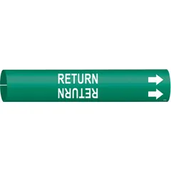 This snap-on pipe marker identifies return piping systems. It features a green background with white legend and directional arrows. Fits pipe outer diameters from 1-1/2 to 2-3/8 inches. Suitable for industrial facilities requiring pipe content identification.