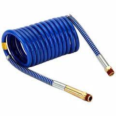Blue coiled air brake assembly with 1/2-inch outer diameter and 15-foot length. Designed for service air brake applications in pneumatic systems, typically used on heavy-duty trucks and trailers to deliver compressed air for brake actuation.