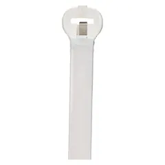 Natural nylon cable tie for indoor bundling of wires, cables, or hoses up to 5 in diameter. 18 in length and 0.27 in width provide secure fastening in electrical panels and control cabinets. Not rated for outdoor use. Supplied in a 50-pack.