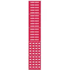 Red adhesive pipe markers with white 'Carbon Dioxide' legend, designed for pipes with outer diameter of 3/4 inch and smaller. Each set includes three markers without arrows, used to identify carbon dioxide lines in industrial piping systems.