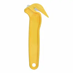 This disposable single-hook safety cutter features a straight handle with a plain yellow smooth finish and a stainless steel blade. With an overall length of 6 1/2 inches, it is designed for cutting tape, shrink wrap, and packaging materials in industrial and commercial settings. NSF certification makes it suitable for food processing and sanitary environments.