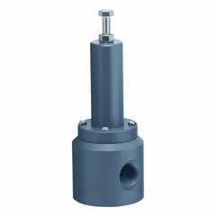 This adjustable back pressure relief valve maintains constant upstream pressure in corrosive or ultra-pure liquid systems. It features a PVC body with FKM seals and 2 inch FNPT connections. The valve protects pumps and instruments from overpressure by relieving excess flow.