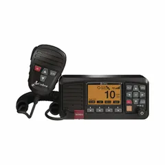 Vehicle-mounted mobile two-way radio for marine communications. Analog transmission with DSC digital calling across 12 channels (156–162.025 MHz). Includes GPS navigation aid, IPX7 waterproof rating, and 25 W output. FCC certified, no license required.
