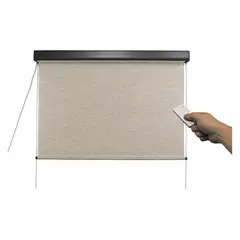 Motorized right-side operation exterior sun shade with 72-inch valence width, Maui fabric, and Oil Rubbed Bronze valance. Features a cable tie-down system and motor with remote control. Suitable for blocking solar heat and UV rays on patios, decks, and commercial outdoor spaces.