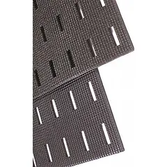 This NOTRAX drainage mat features a pyramid surface for slip resistance and drainage in wet areas. Made of black PVC with straight edges, it is 7/16 in thick and measures 3 ft x 4 ft. Suitable for industrial and commercial environments where standing water or debris is present.