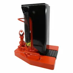 Mechanical toe jack with steel body and manual handle actuator. Rated for 10 ton load capacity. Used for lifting vehicles and heavy equipment in confined spaces where low clearance access is required.