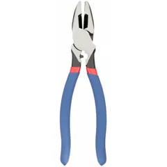 Standard lineman's pliers with a curved jaw design for gripping, twisting, and cutting wire. Overall length 9 3/4 in, jaw length 1 5/8 in, jaw width 1 1/4 in, jaw thickness 5/8 in. Dipped handle grip. Suitable for electrical, construction, and maintenance tasks.