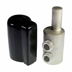 Compression pin terminal adapter for terminating 500 kcmil aluminum conductors. Offset pin orientation facilitates installation in confined spaces. Used in electrical power distribution, switchgear, and industrial control panels for secure, low-resistance connections.