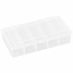 This clear plastic compartmented box features five fixed compartments, each measuring 1 in x 2-7/8 in, for organizing small parts such as screws, nuts, beads, or electronic components. The transparent body allows quick visual identification of contents. It is not electrostatic discharge conductive.