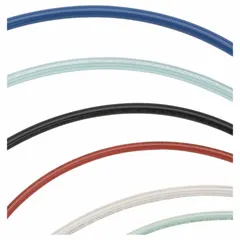 Metric polyurethane tubing with 10 mm inner diameter and 12 mm outer diameter, supplied in a 25-foot length. Transparent blue color allows visual flow monitoring. Shore A 90 to 95 hardness. Maximum operating pressure 150 psi at 180°F. Suitable for pneumatic and fluid transfer applications in industrial automation and machine building.