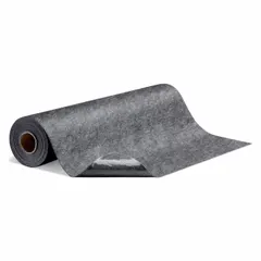 This polypropylene entrance mat measures 3 ft x 3 ft with a 1/8 in thickness and features a smooth top and adhesive backing. It absorbs oils, grease, and water, making it suitable for placement at doorways or high-traffic areas to capture drips from boots and equipment. Each roll contains 3 mats.