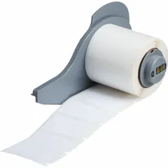 Halogen-free polyester precut label roll in white. Measures 1 1/2 in x 3/4 in. Compatible with M710 printer series. Used for industrial identification and labeling in manufacturing, electrical, and facility maintenance applications.