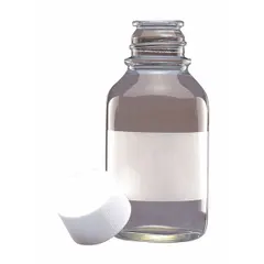125 mL clear narrow mouth round glass lab bottle made from Type I borosilicate glass. Features an attached polypropylene screw closure with a PTFE liner in size 33-430 mm. Not graduated and not pre-cleaned. Suitable for general laboratory storage and dispensing of reagents and solvents.