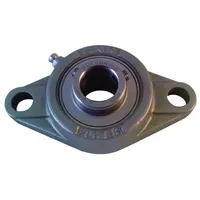 Two-bolt flange bearing with a 1 1/4 in cylindrical bore, stainless steel construction, and set screw locking. Lubricated with FDA/USDA-H1 solid grease for use in washdown environments. Dimensions: 5 17/32 in length, 1 37/64 in width. Mounting bolt size: 1/2 in. No bearing cap included