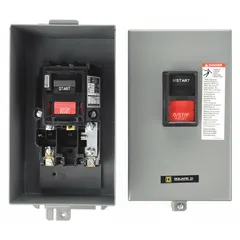 Enclosed non-reversing manual motor starter with thermal overloads, 2 poles, 27 A, NEMA Size M-1, 600V AC. Requires one thermal unit (not included) for overload protection. Used for starting and stopping single-speed motors in applications such as conveyors, pumps, and fans.