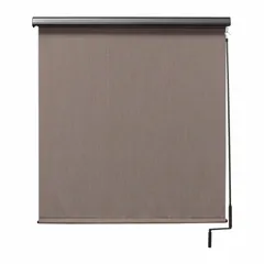 Outdoor sun shade with pole-and-crank operation for easy extension and retraction. Features a 7 ft valence width, 3 in valance height, Dark Brown fabric, and Oil-Rubbed Bronze valance. Includes a bungee-and-hook tie-down system for secure installation. Right-side operation.