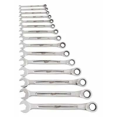 MILWAUKEE Combination Wrench Set: Alloy Steel, Chrome, 15 Tools - SAE 12-Point Ratcheting Combination Wrench Sets