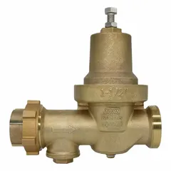 Brass water pressure regulator with FNPT x FNPT connections for 1 1/2 in pipe size. Adjustable outlet pressure range of 60 psi to 125 psi. Low-lead compliant for potable water systems. Used to reduce and stabilize incoming water pressure in commercial and industrial plumbing applications.
