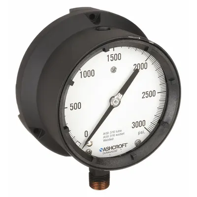ASHCROFT Process Pressure Gauge: 0 psi to 3,000 psi, White, 4 1/2 in Dial, 1/2 in NPT Male - Vibration-Resistant All-Stainless Steel Wetted Parts & Casing