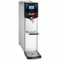 This WARING COMMERCIAL hot water dispenser has a 5-gallon capacity and requires a direct plumbing connection for automatic refill. It operates on 120V AC and is finished in silver. Designed for countertop installation, it provides a continuous supply of near-boiling water for foodservice applications such as tea, coffee, soups, and instant foods