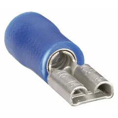 This female socket quick disconnect features blue vinyl partial insulation for protection and easy inspection. It accepts 16 AWG to 14 AWG wire sizes, suitable for making removable electrical connections in control panels, machinery, and wiring harnesses.