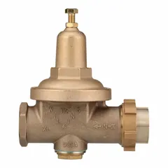 This high capacity water pressure regulator from WILKINS features a cast bronze body with 1 1/2 inch FNPT connections and a single union design. It is low-lead compliant and used to reduce and stabilize incoming water pressure in plumbing systems, protecting pipes and equipment from damage.
