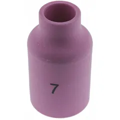 Gas lens nozzle made of alumina for TIG welding. Model No. 7, Std. Sold in a pack of 10 units. Provides improved shielding gas coverage and reduced turbulence in welding applications.