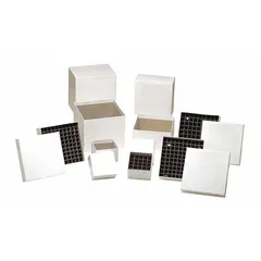 This cardboard freezer box includes a lid and is designed for organizing and protecting samples or small items in laboratory or industrial freezers. It measures 5 3/4 inches in overall length and width, fitting standard freezer racks. Compatible with manufacturer model number RLB32A.