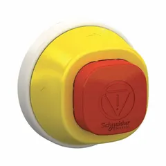 This SCHNEIDER XB5 series mushroom-head push-button operator features a red non-metallic actuator with a 22 mm mounting diameter. It is a maintained-action device, meaning it latches in the pressed position until manually reset. Commonly used in industrial control panels for emergency stop or latching control functions.