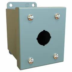 Carbon steel enclosure with one hole for mounting a 22mm operator. Rated NEMA 12/13 for oil-tight and dust-tight protection. Suitable for use in industrial control panels and machine tools where resistance to dust, oil, and coolant is required.