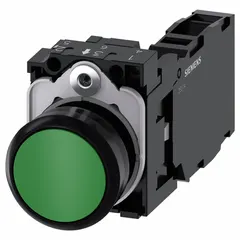 Momentary-action flush-mount push button from the Siemens 3SU series. Features a non-metallic construction with a 22 mm flush profile and 1 normally open and 1 normally closed contact. Suitable for control panel applications requiring a compact, non-illuminated operator for momentary switching functions.