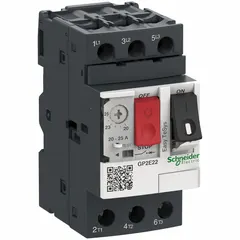 Non-reversing manual motor starter with integrated thermal overloads, rated 25 A, 3 poles, maximum 690V AC. Includes built-in thermal units, eliminating need for separate overloads. Push-button control. 45 mm frame width. Suitable for starting and protecting three-phase motors in applications such as conveyors, pumps, and fans.