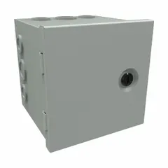 This steel indoor enclosure measures 6 in x 6 in x 6 in and is rated NEMA 1 for dry indoor locations. It features a solid hinged cover secured by a 1/4-turn latch and includes knockouts for conduit entry. The painted finish provides basic protection for electrical connections, splices, and devices in industrial control and wiring applications.