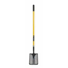 Square point shovel with a 14-gauge steel blade in gray and a straight handle in yellow. Designed for mud handling and sifting tasks in construction, landscaping, and industrial settings where precise material movement is required.